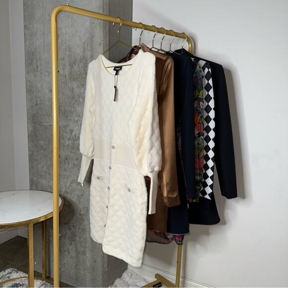 Express Embellished Button Front Mini Sweater Dress in Ivory/Off White - Picture 7 of 17